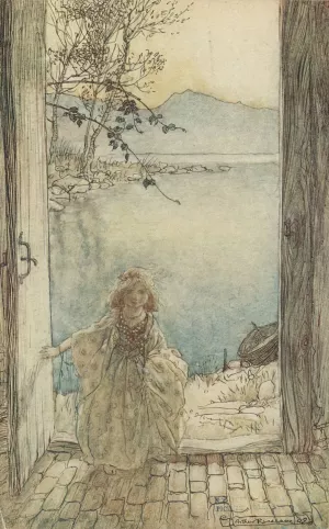 A beautiful little girl clad in rich garments stood there on the threshold smiling by Arthur Rackham Oil Painting