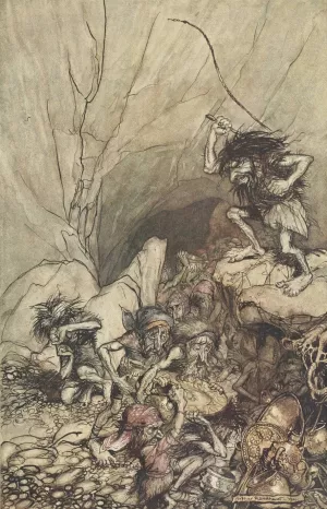 Alberich drives in a band of Niblungs laden with gold and silver treasure by Arthur Rackham Oil Painting