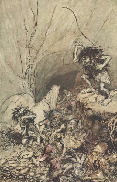 Main Product Photo of Alberich drives in a band of Niblungs laden with gold and silver treasure  Painting by Arthur Rackham