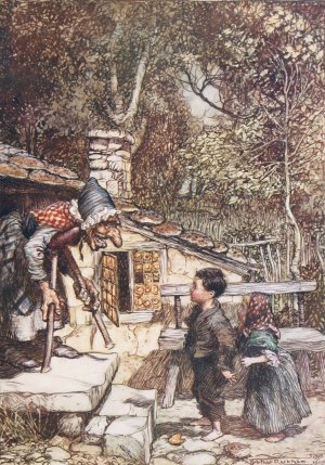 Ali at once the door opened and an old, old Woman, supporting herself on a crutch, came hobbling out by Arthur Rackham Oil Painting