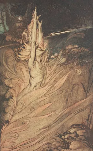 Appear, flickering fire, encircle the rock with thy flame! Oil painting by Arthur Rackham