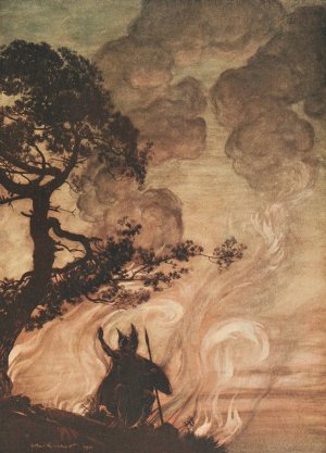 As he moves slowly away, Wotan turns and looks sorrowfully back at Brunnhilde by Arthur Rackham Oil Painting