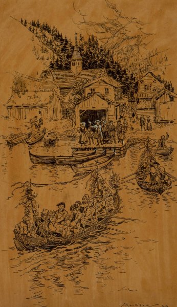 As Pretty a Boat-Procession  by Arthur Rackham - Hand-Painted Oil Painting Reproduction