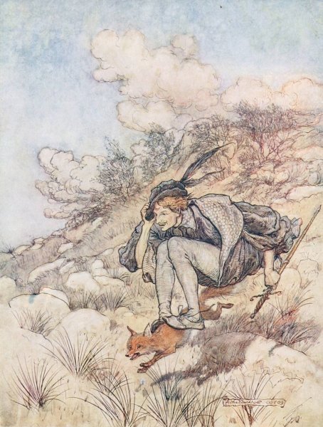 Main Product Photo of Away they flew over stock and stone, at such a pace that his hair whistled in the wind  Painting by Arthur Rackham