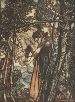 Brunnhilde slowly and silently leads her horse down the path to the cave by Arthur Rackham Oil Painting