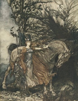 Brunnhilde with her horse, at the mouth of the cave by Arthur Rackham Oil Painting