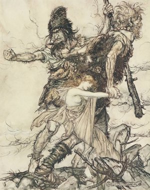 Fasolt suddenly seizes Freia and drags her to one side with Fafner by Arthur Rackham Oil Painting