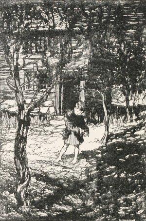Hansel picked up the glittering white pebbles and filled his pockets with them by Arthur Rackham Oil Painting