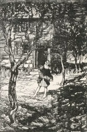 Hansel picked up the glittering white pebbles and filled his pockets with them by Arthur Rackham Oil Painting