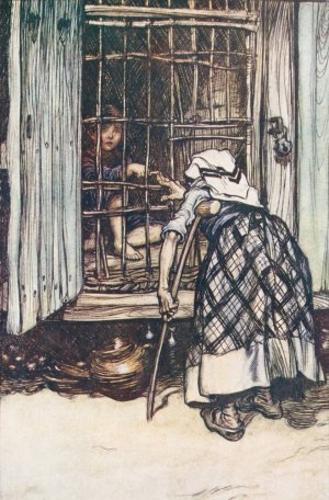 Hansel put out a knuckle-bone, and the old Woman, whose eyes were dim, could not see, and thought it was his finger by Arthur Rackham Oil Painting