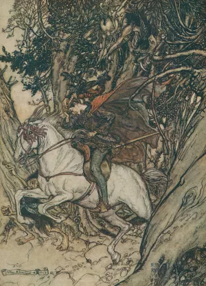 He held up the gold piece, crying at each leap of his, 'False gold! false coin! false coin!' Oil painting by Arthur Rackham