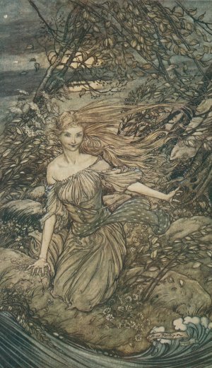 He saw by the moonlight momentarily unveiled, a little island encircled by the flood ; and there under the branches of the overhanging trees was Undine by Arthur Rackham Oil Painting
