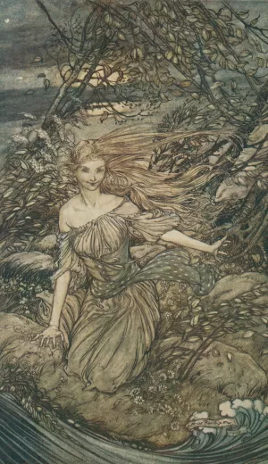 He saw by the moonlight momentarily unveiled, a little island encircled by the flood ; and there under the branches of the overhanging trees was Undine by Arthur Rackham Oil Painting