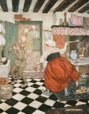 Many's the beating he had from the broomstick or the ladle by Arthur Rackham Oil Painting
