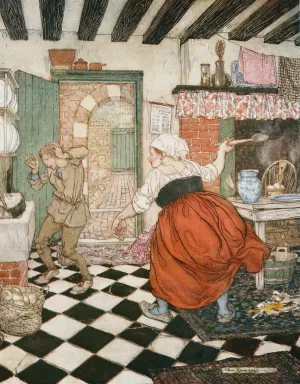 Many's the beating he had from the broomstick or the ladle by Arthur Rackham Oil Painting