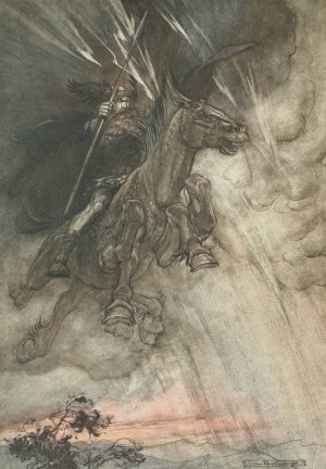Raging, Wotan Rides to the rock, like a storm-wind he comes! by Arthur Rackham Oil Painting
