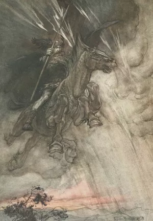 Raging, Wotan Rides to the rock, like a storm-wind he comes! by Arthur Rackham Oil Painting