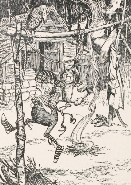 Round the fire an indescribably ridiculous little man was leaping  by Arthur Rackham - Hand-Painted Oil Painting Reproduction