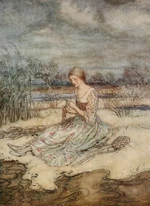 She sate down and plaited herself an overall of rushes and a cap to match Oil painting by Arthur Rackham