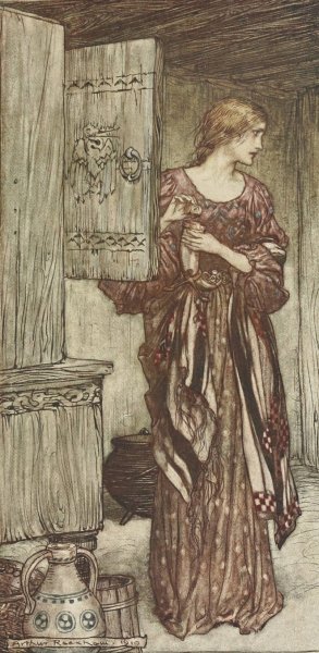 Sieglinde prepares Hunding's draught for the night by Arthur Rackham Oil Painting