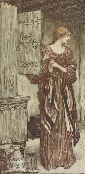 Sieglinde prepares Hunding's draught for the night by Arthur Rackham Oil Painting