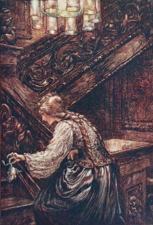 So she seized him with two fingers, and carried him upstairs by Arthur Rackham Oil Painting