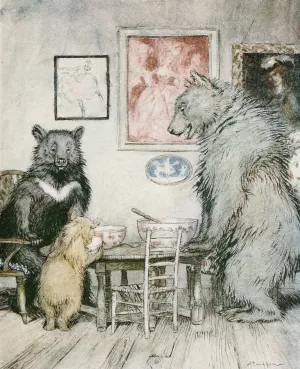 Somebody has been at my porridge, and has eaten it all up! Oil painting by Arthur Rackham