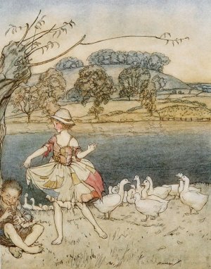 Tattercoats dancing while the gooseherd pipes by Arthur Rackham Oil Painting