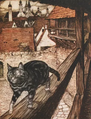 The Cat stole away behind the city walls to the church by Arthur Rackham Oil Painting