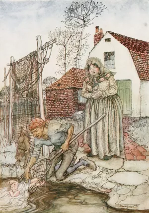 The fisherman and his wife had no children, and they were just longing for a baby by Arthur Rackham Oil Painting