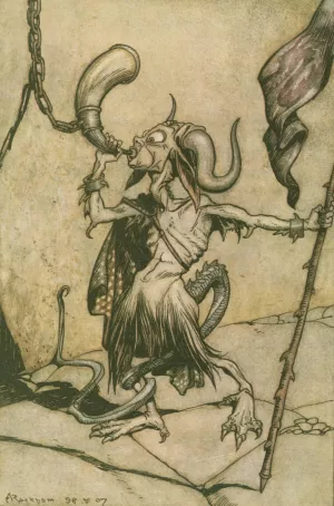 The horn, at the gate of the Barbican tower, was blown with a loud twenty-trumpeter power. by Arthur Rackham Oil Painting
