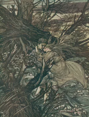The knight took the beautiful girl in his arms and bore her over the narrow space where the stream had divided her little island from the shore. by Arthur Rackham Oil Painting