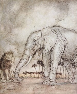 The Lion, Jupiter, and the Elephant by Arthur Rackham Oil Painting