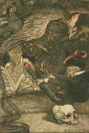 The little man had seated himself in the centre of the circle upon the large skull by Arthur Rackham Oil Painting