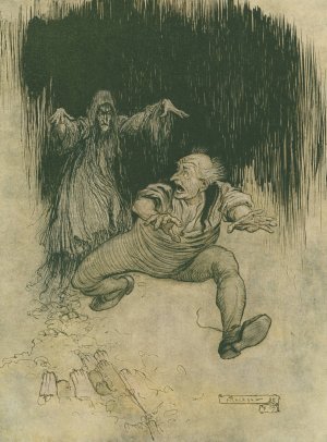 The moment her shadowy form met his view he…made one grasshopper spring to the door-and was gone! by Arthur Rackham Oil Painting