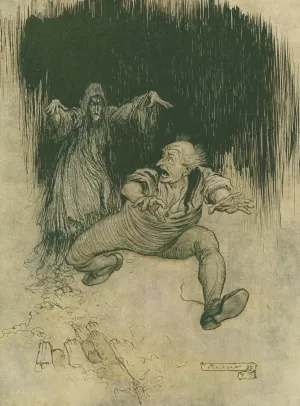 The moment her shadowy form met his view he…made one grasshopper spring to the door-and was gone! by Arthur Rackham Oil Painting