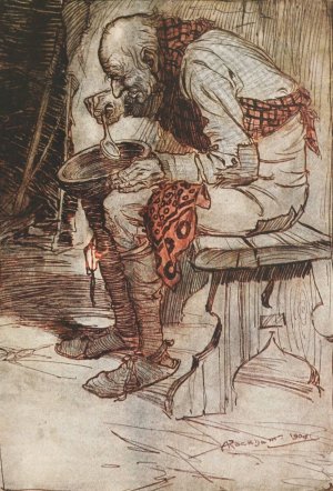The Old Man had to sit by himself, and ate his food from a wooden bowl by Arthur Rackham Oil Painting