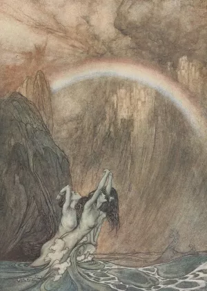 The Rhines fair children, bewailing their lost gold, weep Oil painting by Arthur Rackham