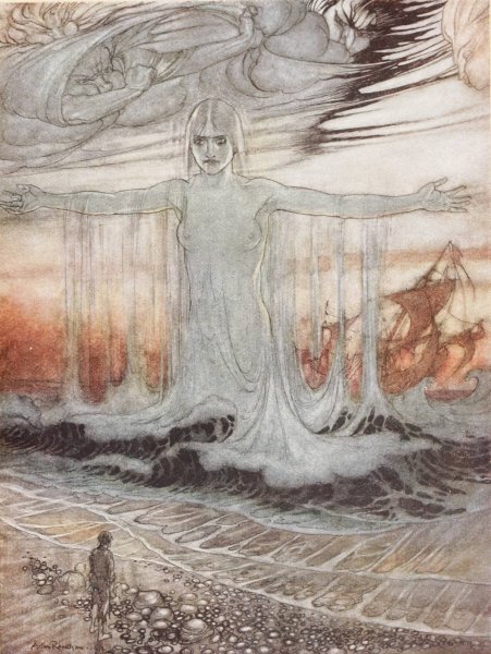 Main Product Photo of The Shipwrecked Man and the Sea  Painting by Arthur Rackham