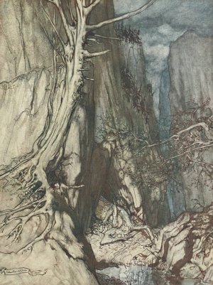 There as a dread Dragon he sojourns, and in a cave keeps watch over Alberichs ring by Arthur Rackham Oil Painting
