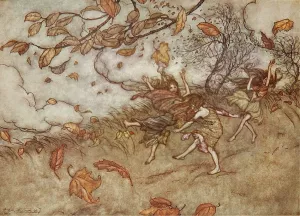 There is Almost Nothing that Has Such a Keen Sense of Fun as a Fallen Leaf also known as Joy of a Fallen Leaf by Arthur Rackham - Oil Painting Reproduction