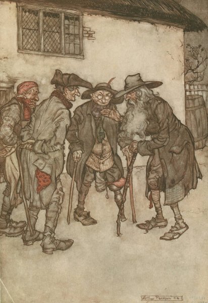 They crowed round him, eyeing him from head to foot with great curiosity  by Arthur Rackham - Hand-Painted Oil Painting Reproduction