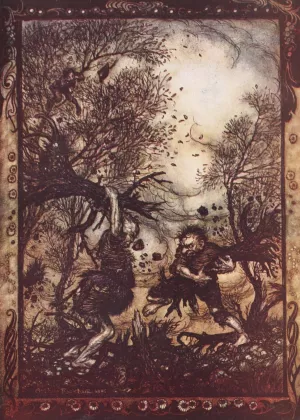 They worked themselves up into such a rage that they tore up trees by the roots by Arthur Rackham Oil Painting