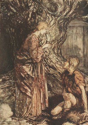 This healing and honeyed draught of mead,deign to accept from me. Set it first to thy lips by Arthur Rackham Oil Painting