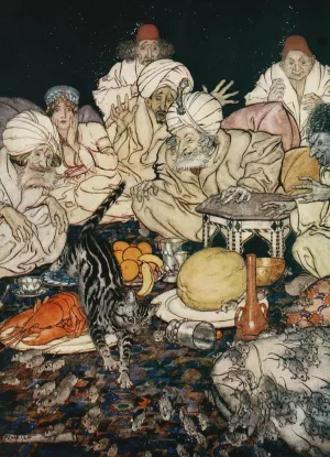 When Puss saw the rats and mice she didn't wait to be told by Arthur Rackham Oil Painting
