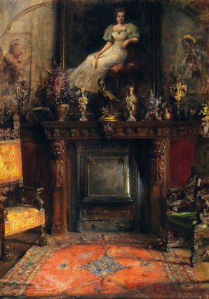 Interior With View Of A Fireplace And A Painting by Arthur Von Ferraris Oil Painting