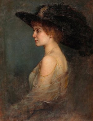 Profilportrait einer Dame mit grosem federgeschmucktem Hut by Arthur Von Ferraris Oil Painting
