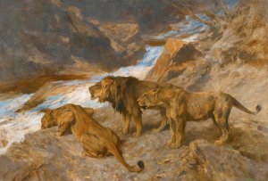 Lions By A Stream by Arthur Wardle Oil Painting