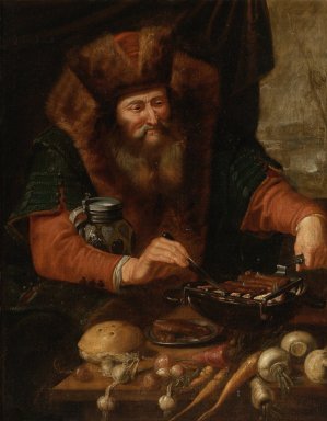 Bearded Man Cooking Sausages by Artus Wolfaerts Oil Painting