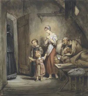 Zieke man in bed met naast hem een vrouw en twee kinderen by Ary Scheffer Oil Painting